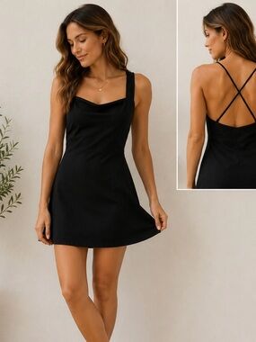 Qinsen Black Active Dress Built-In Shorts Open Back Size Large athletic dress